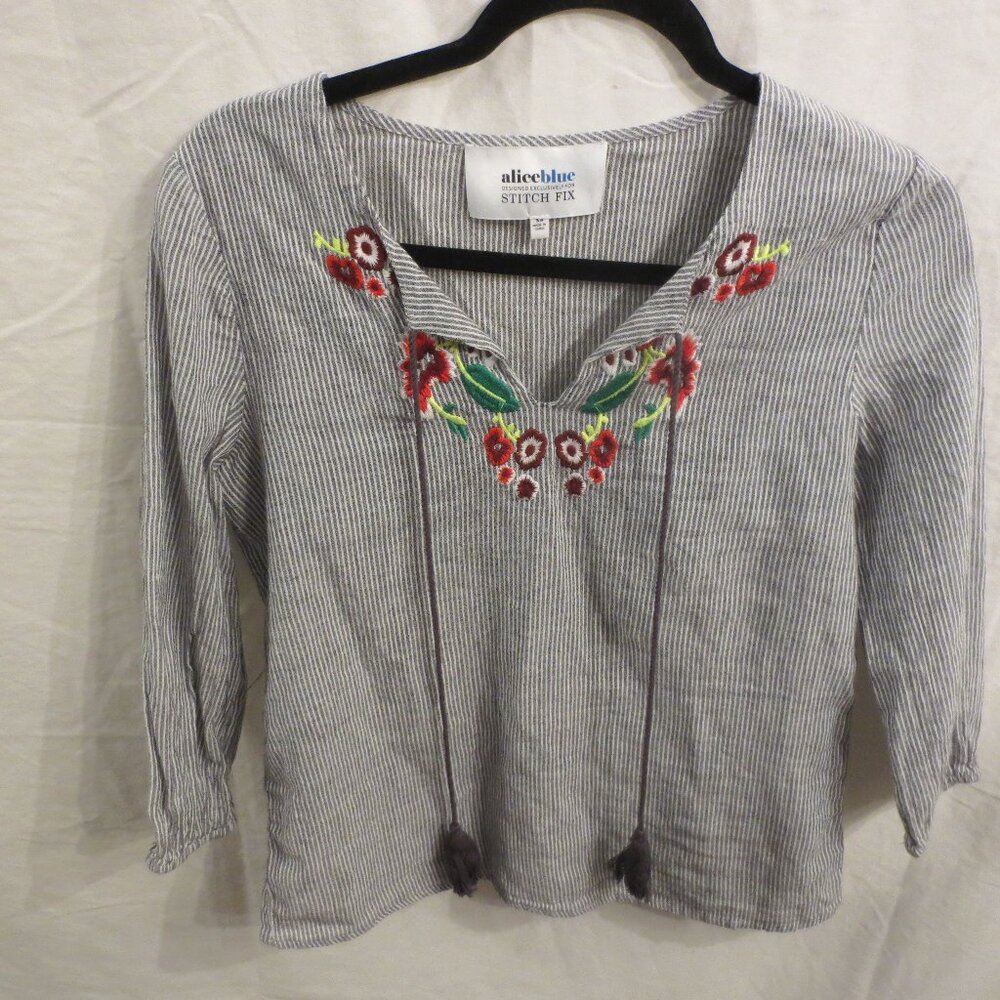 Alice Blue Women's Blouse / Shirt -Embroidered Flowers-Designed for Stitch Fix